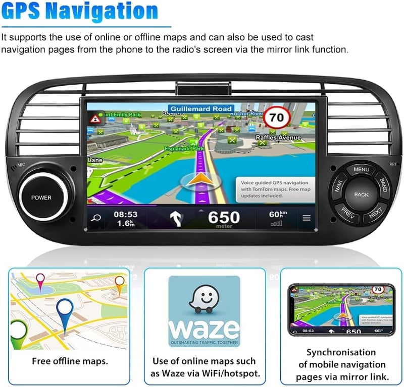 FIAT 500 Android 10.0 Autoradio 7" Érintőképernyővel, Navigációval és Tolatókamerával (2007-2015)