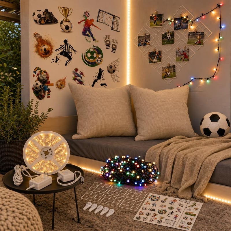 Futbalový balíček pre tínedžerov: 20x tetovačky + 5m LED pás + 21m svetelná reťaz + 2x obliečky + fotomriežka