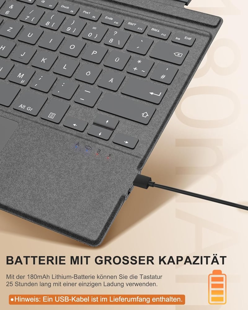MoKo Bluetooth Érintőpados Billentyűzet Microsoft Surface Pro 7+/7/6/5/4/3 Készülékekhez - QWERTZ Kiosztás, Újratölthető Akkumulátor, Szürke