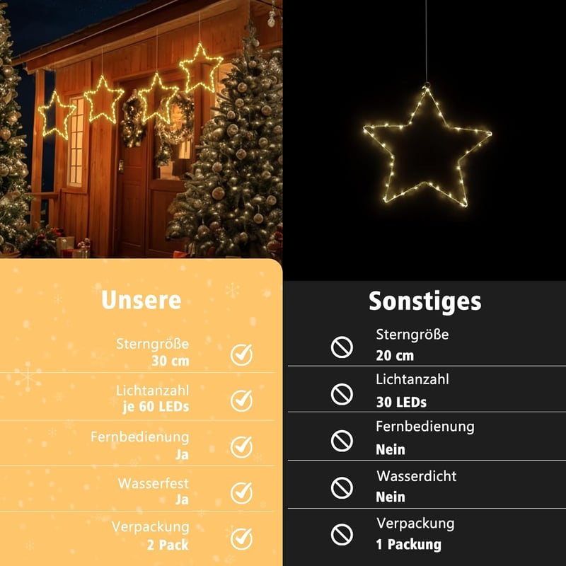 DBFAIRY Karácsonyi Csillag Ablakdísz 120 LED-es 2 db Időzítővel Elemről Működő