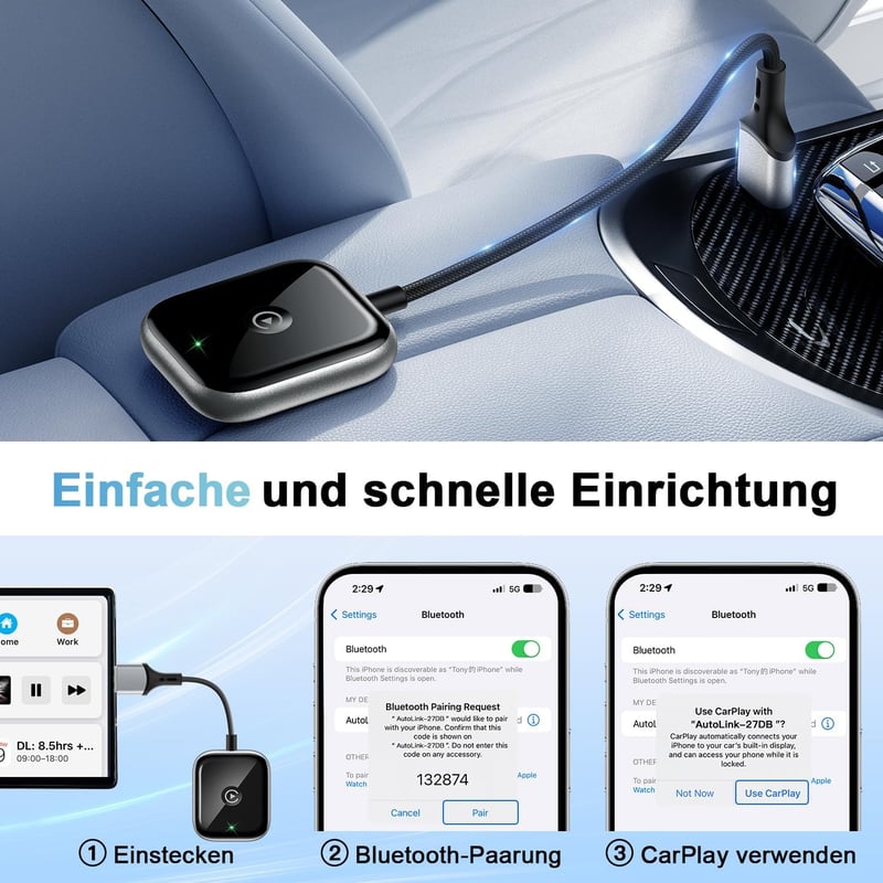 AIZEO Vezeték Nélküli CarPlay Adapter - Gyors Átalakítás Vezetékes CarPlayről Vezeték Nélkülire, Mini Méretű, iPhone Kompatibilis