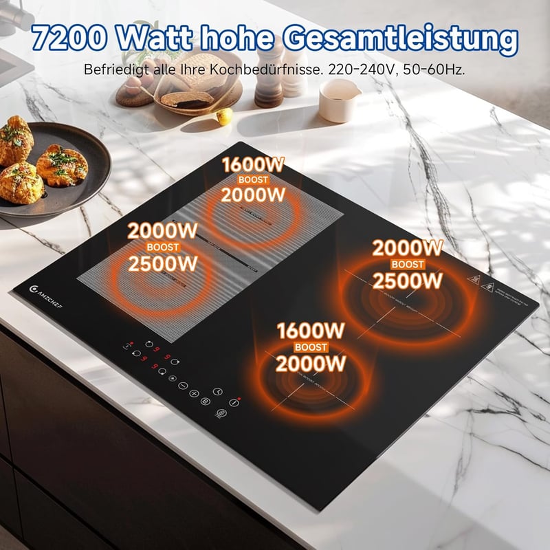 AMZCHEF 60 cm-es Indukciós Főzőlap Flex Zónákkal - 4 Zónás, 7200W, 9 Teljesítményszint, Boost Funkció, Időzítő, Gyerekzár, Túlmelegedés Elle
