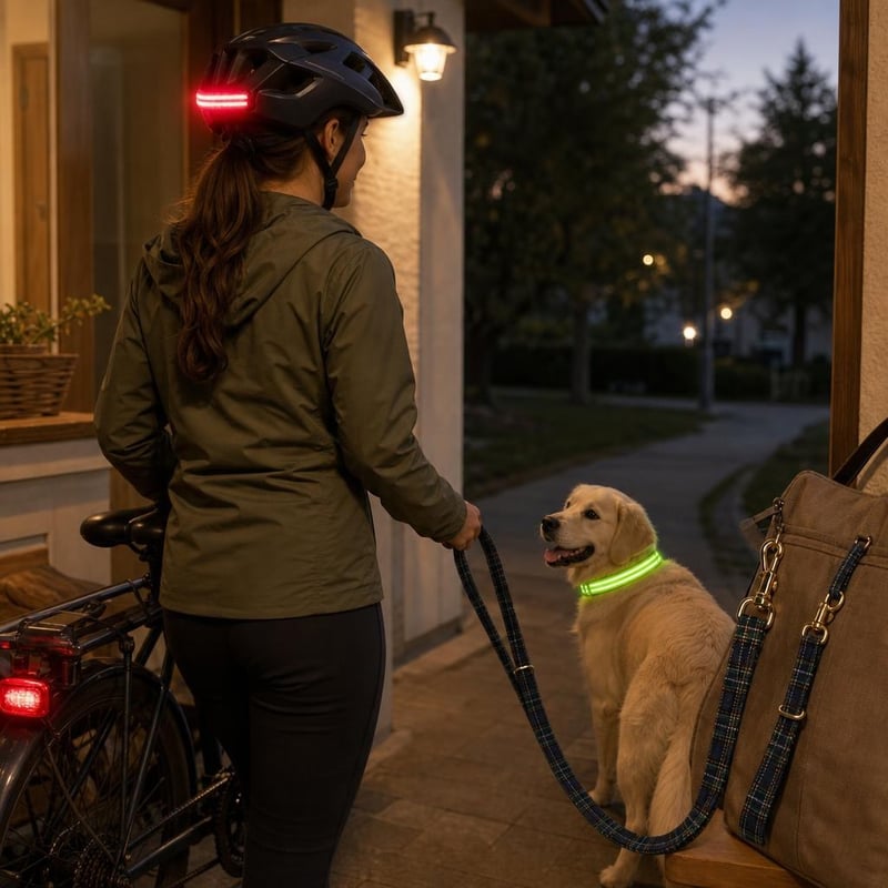 Balík na večerné prechádzky: 1x LED obojok + 1x set vôdzky + 1x LED cyklistická prilba