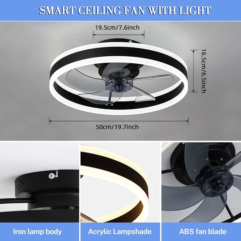 EIDISUNY Modern LED Mennyezeti Ventilátor Távirányítóval - 60W Fekete Lámpa 3 Színhőmérséklettel, Csendes Működés Nappaliba, Hálószobába