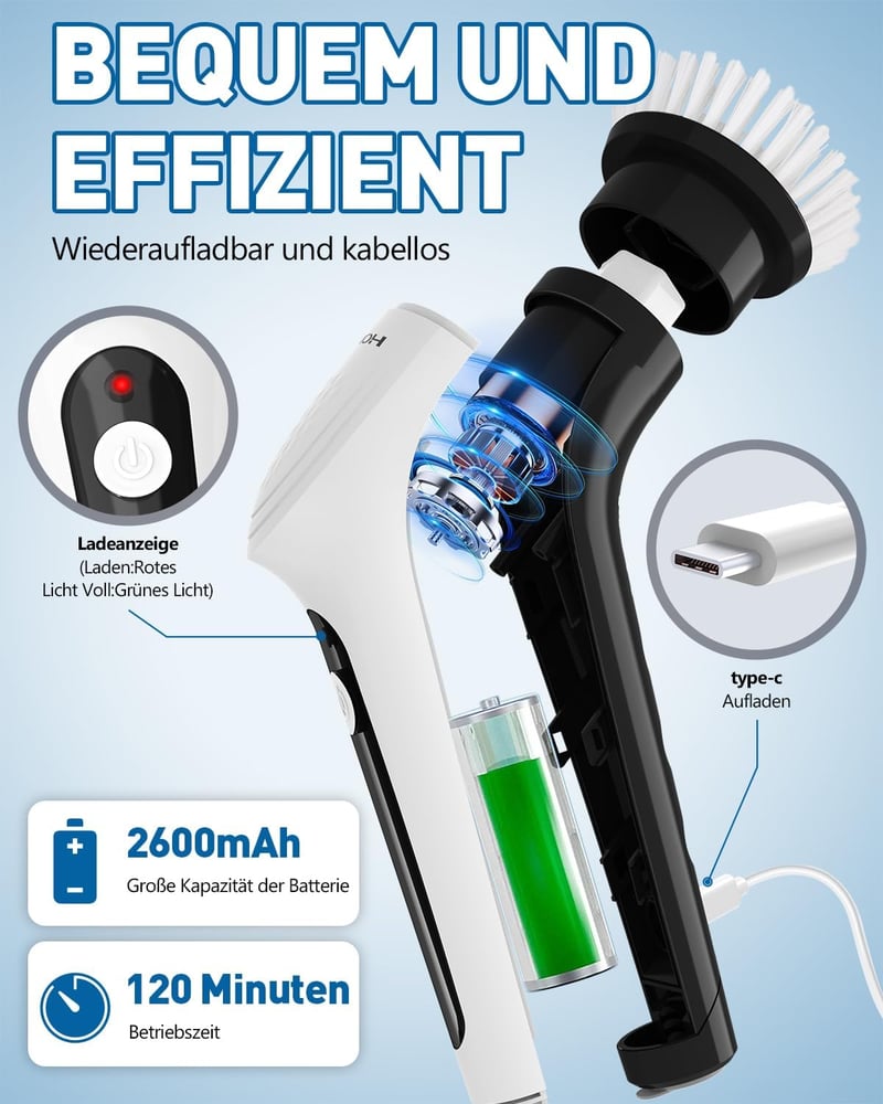 Homtronics 14 az 1-ben IPX8 vízálló elektromos tisztítókefe, 9 cserélhető fejjel - fürdő, csempe, autó
