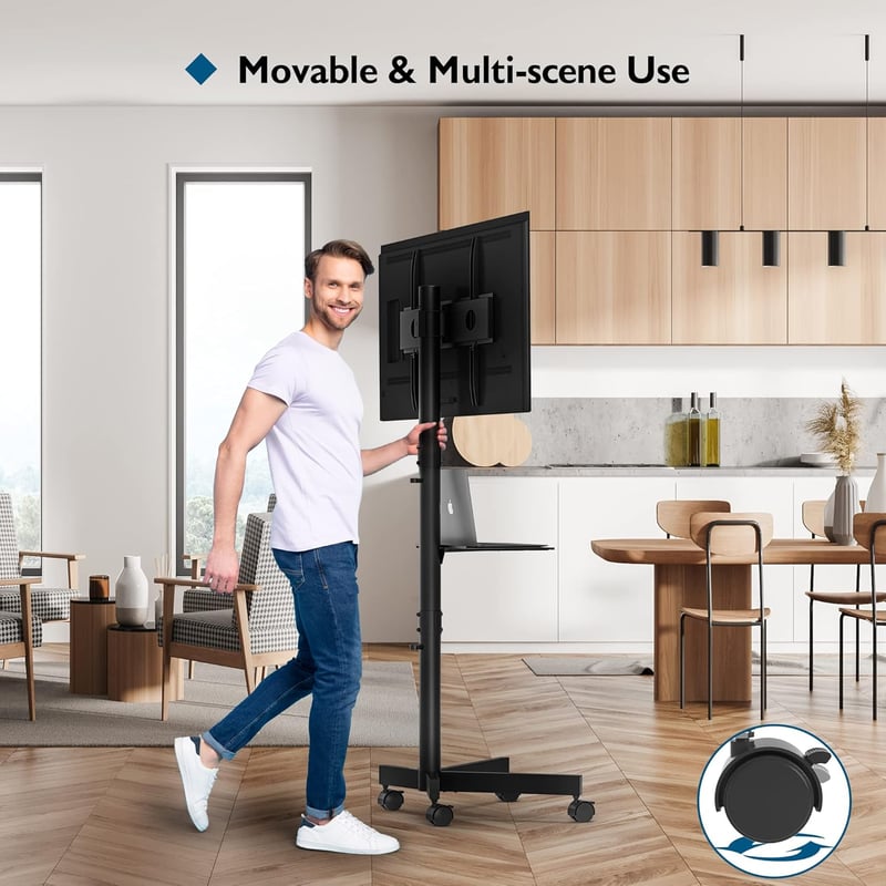 BONTEC Gurulós TV Állvány 23-60" Képernyőkhöz, Laptoptartó Polccal, Állítható Magasságú, 25 kg Teherbírású, VESA 400x400 mm Kompatibilis