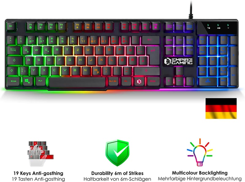 EMPIRE GAMING MK800 3 az 1-ben Gamer Szett - RGB Gamer Billentyűzet QWERTZ Német Kiosztás, Ergonomikus RGB Egér 2400 DPI, Egérpad PC PS4 PS5 - K800 Wired Schwarz