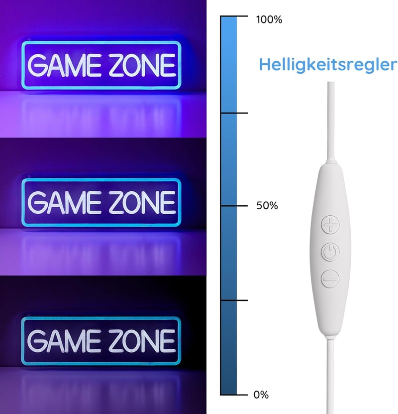 NELUX Game Zone Neon LED Világító Dekoráció - USB Csatlakozós Fali Lámpa Fényerőszabályzóval Gamer Szobába, Játékterembe