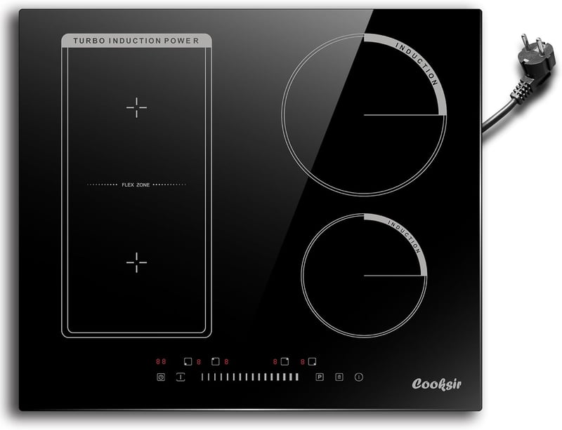 Cooksir 4 zónás indukciós főzőlap 3500W, kombinált grillzónával, 59 cm-es, dugós csatlakozással, érintőszenzoros vezérléssel, fekete üvegker