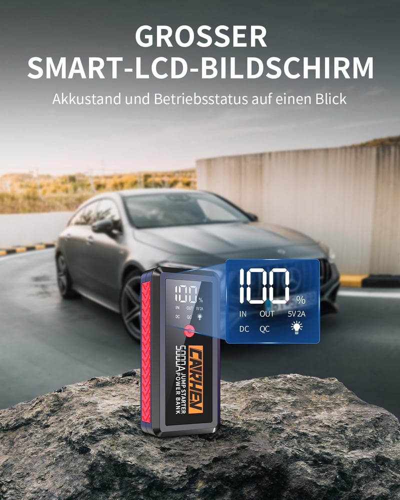 CARHEV 5000A Autós Indításrásegítő Powerbank, 12V Bikázó 8.0L Benzin/Dízel Motorokhoz, 26800mAh USB Gyorstöltő, LED Lámpa, IP65
