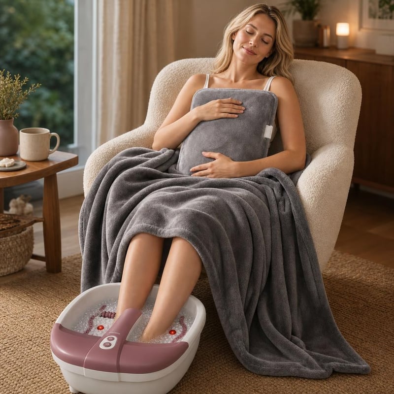 Relaxačný balíček na chladné dni: 1x ohrievacia fľaša + 1x XL deka + 1x vibračný kúpeľ nôh
