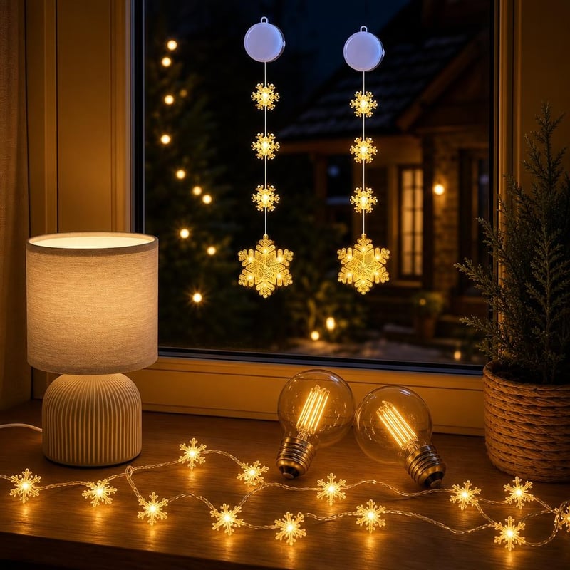 Večerná svetelná mágia: 2x okenné svetlo + 6m LED reťaz + stolná lampa + 2x Edison LED žiarovka
