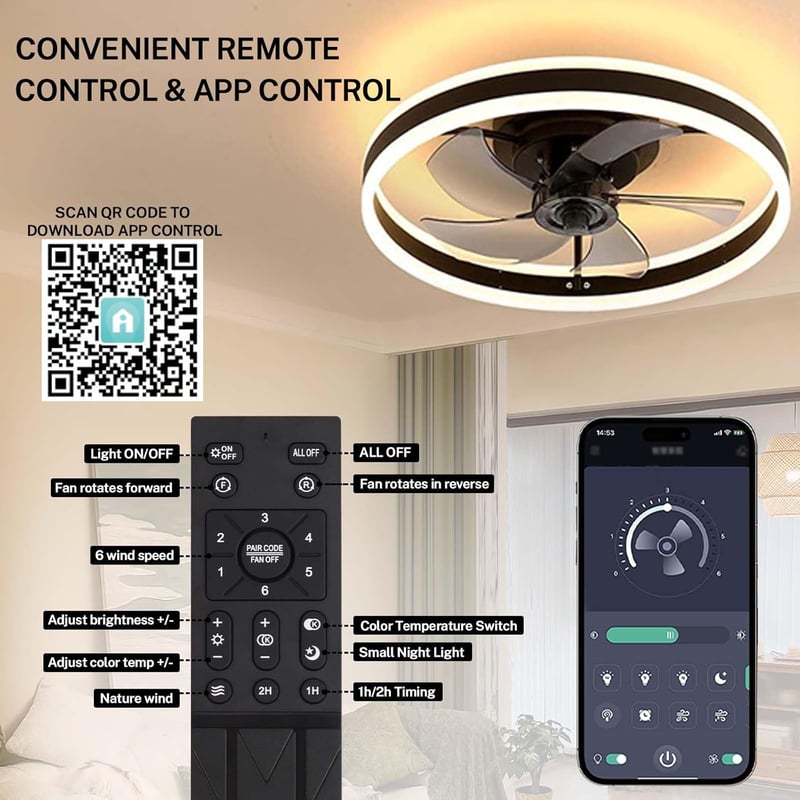 EIDISUNY Modern LED Mennyezeti Ventilátor Távirányítóval - 60W Fekete Lámpa 3 Színhőmérséklettel, Csendes Működés Nappaliba, Hálószobába