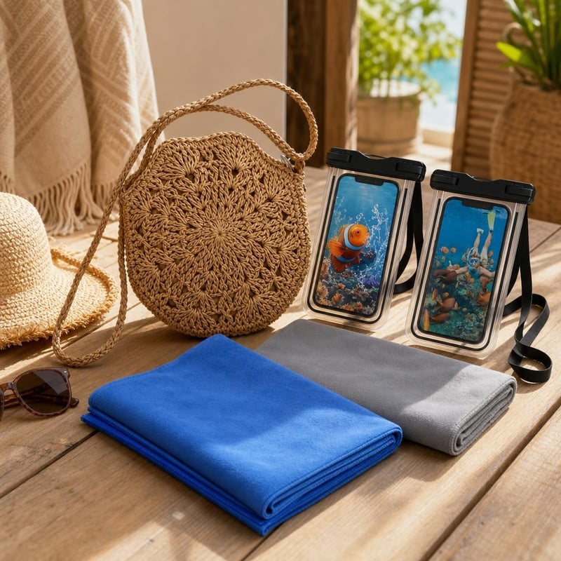 Plážový boho set: slamená taška + 2x mikrovláknový uterák + 2x vodotesné puzdro na mobil