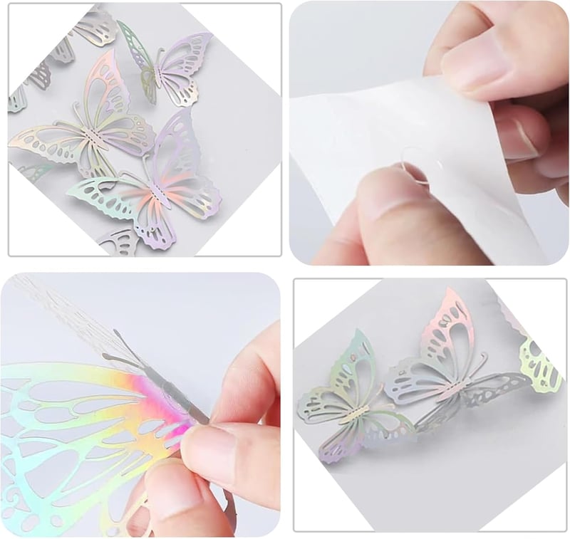 Fényes 3D pillangó falmatrica szett 120 db - Dekoratív fémhatású DIY lakásdekoráció