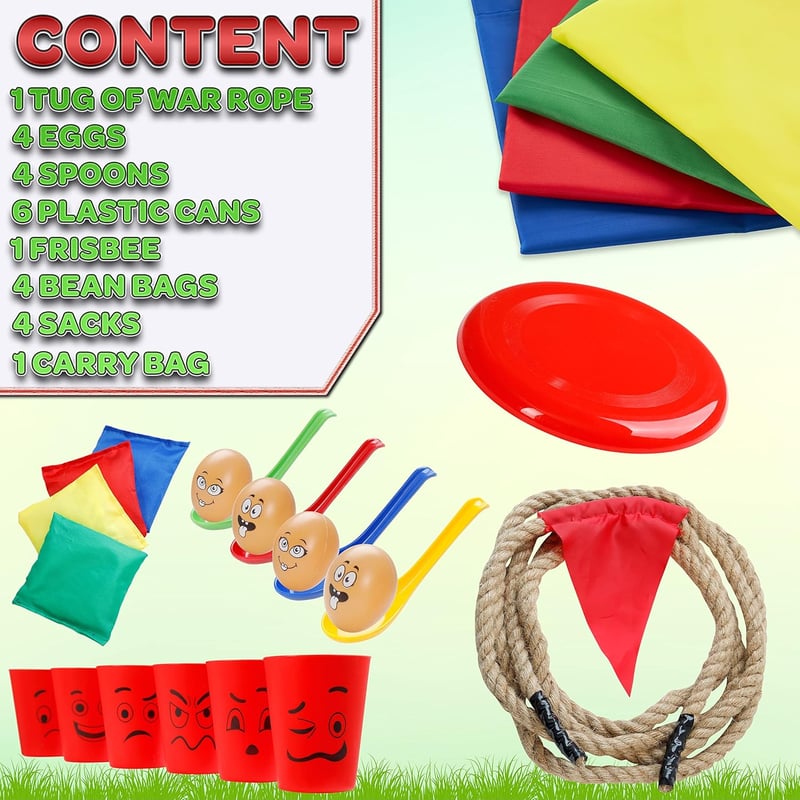 KreativeKraft Kerti Játékok Szett Gyerekeknek - Zsákugrás, Tojásfutás, Kötélhúzás, Dobójátékok