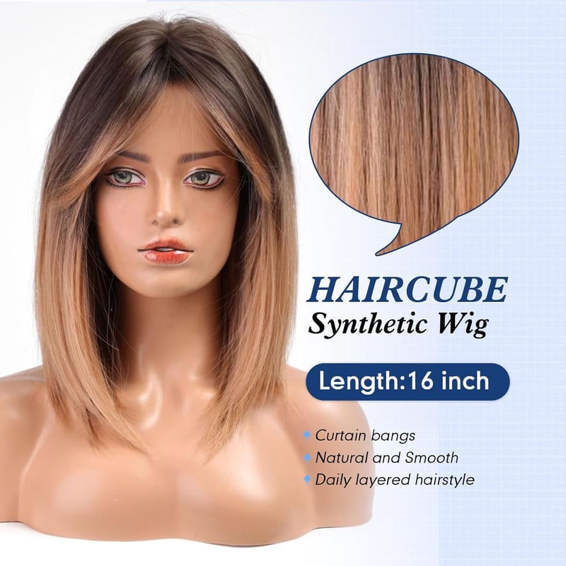 HAIRCUBE Női Paróka 40 cm Barna-Réz Szőke Hullámos Műhaj Frufruval - Függöny Frufrus Szintetikus Paróka Hétköznapi és Cosplay Használatra