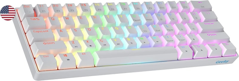 Geeky GK61 SE 60% Mechanikus Gamer Billentyűzet, 61 Gombos RGB Háttérvilágítás, Barna Kapcsolók, USB-C, PC/Mac/PS5/Xbox Kompatibilis, Fehér