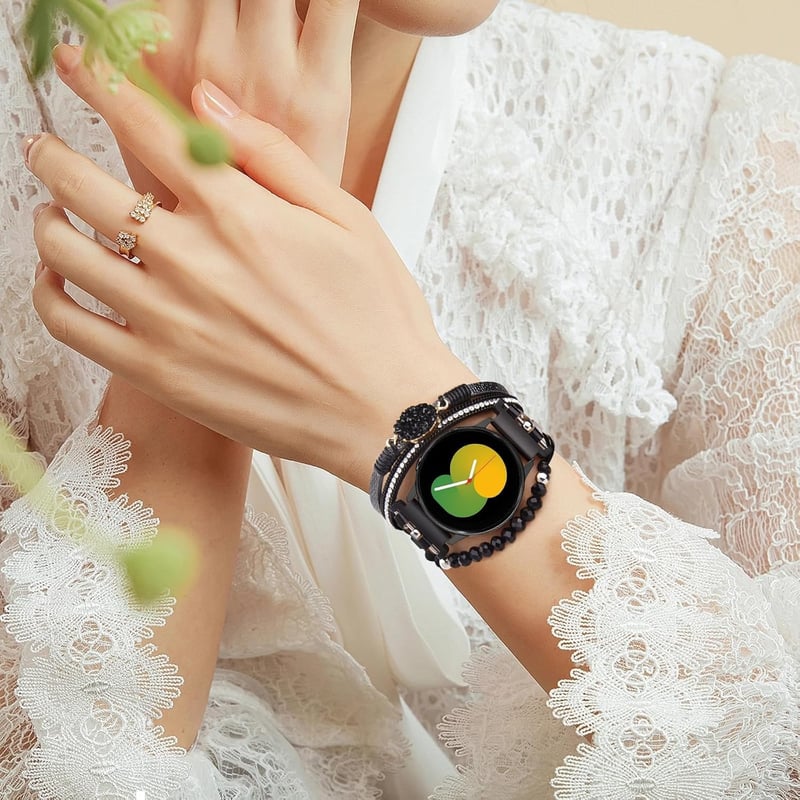 VISOOM Boho Bőr Karkötő Samsung Galaxy Watch 7/6/5/4 Órához - 20mm Gyöngyös Többrétegű Szíj 40-47mm Modellekhez, Fekete