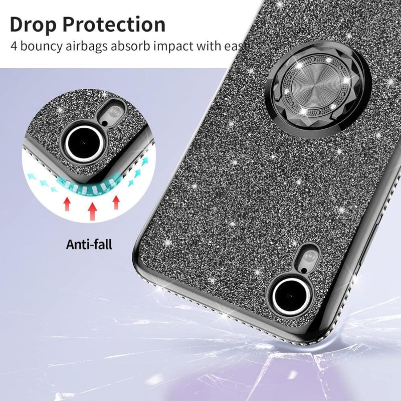 iPhone XR Csillogó Fekete Gyűrűs Védőtok Glitterrel