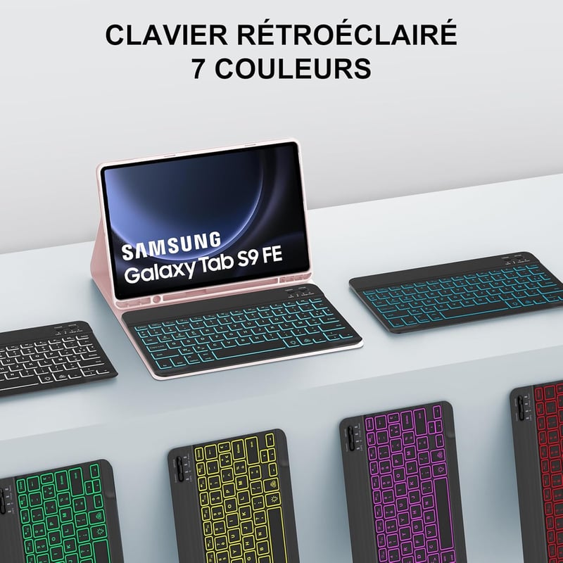 JADEMALL Samsung Galaxy Tab S9 FE 10.9"/S9 11" Rózsaszín Háttérvilágítású AZERTY Bluetooth Billentyűzetes Tok - Leválasztható, Mágneses, TPU