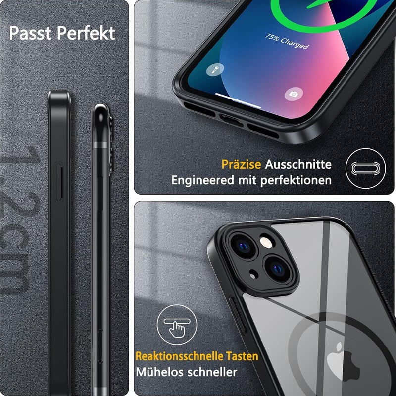 iPhone 13 MagSafe-kompatibilis ütésálló tok, kameravédővel és edzett üveggel - Fekete