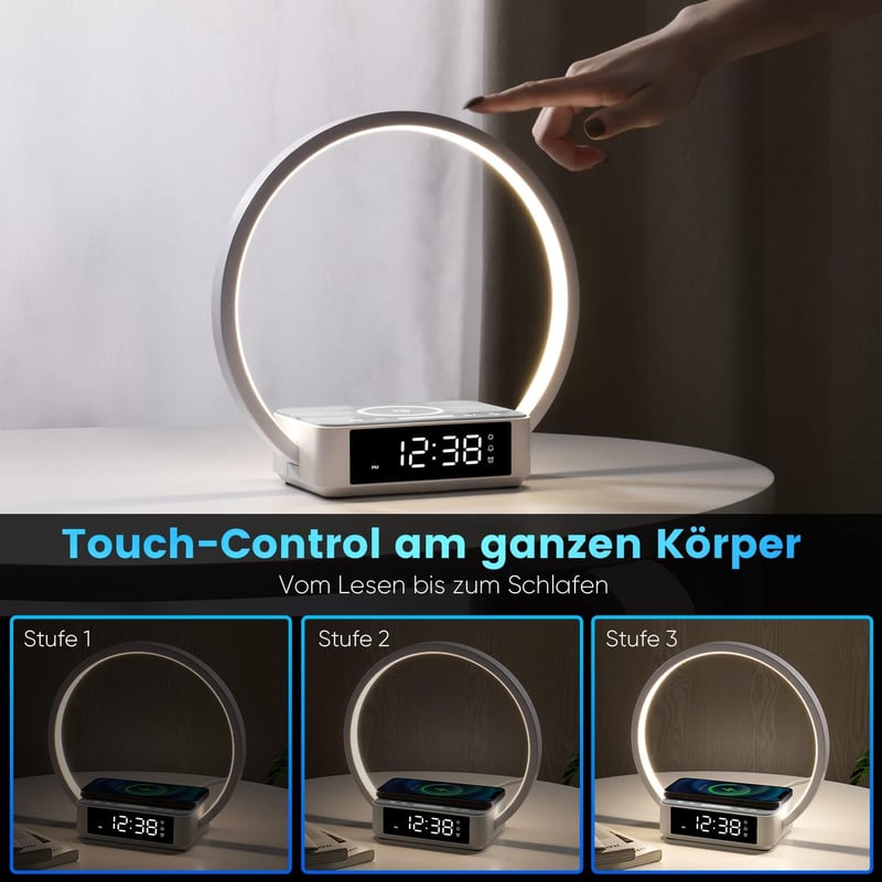 WILIT LED éjjeli lámpa 10W vezeték nélküli töltővel, ébresztő funkcióval, 3 fényerőszinttel - szürke