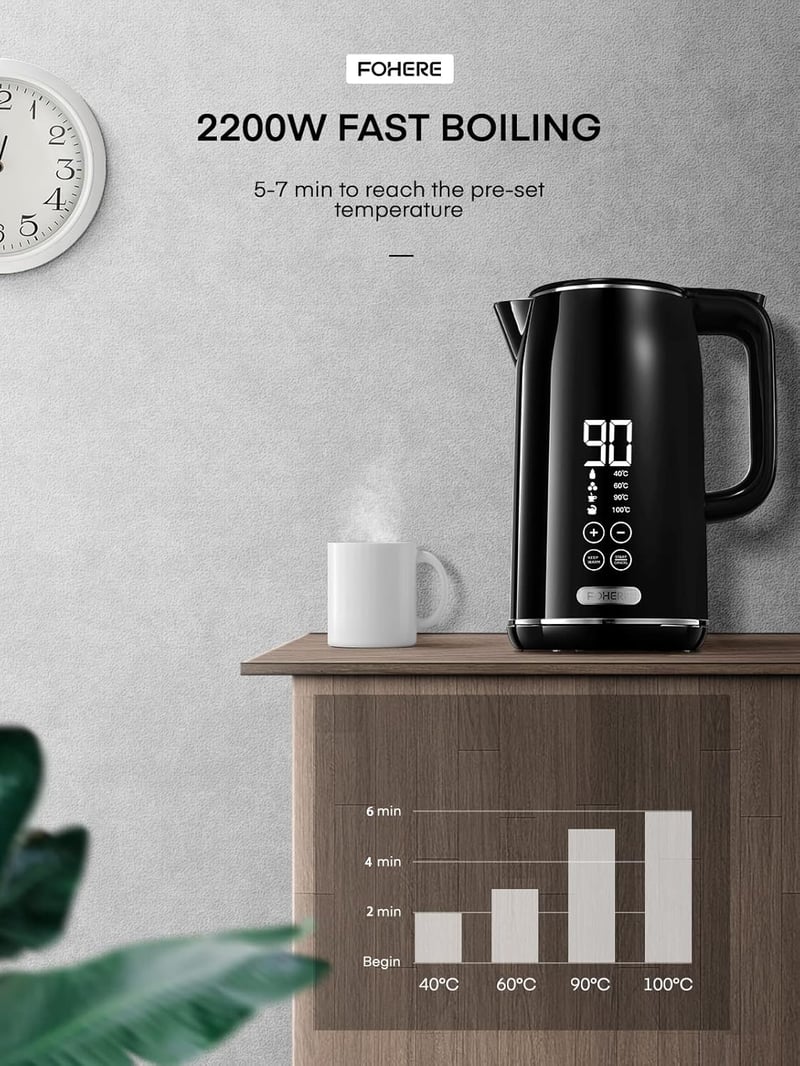 FOHERE Dupla falú vízforraló hőmérséklet-szabályozással, LCD kijelzővel, 1.7L, fekete