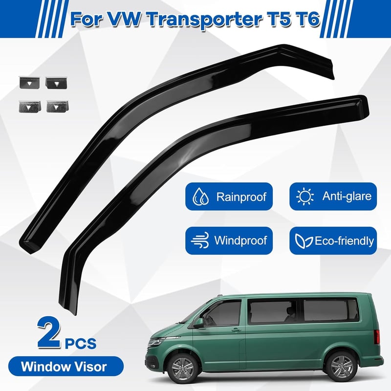ZWPARTS Szélterelő Készlet VW T5 T6 Modellekhez - 2db Fekete Öntapadós Ablak Légterelő, Eső és Szélvédő, Klipsszel Rögzíthető Oldalsó Ablako