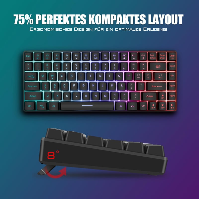 RedThunder 75% Vezeték Nélküli Gamer Billentyűzet és Egér Szett, QWERTZ DE Kiosztás, TKL Kompakt Újratölthető, 7200DPI Méhsejt Kialakítású  - black