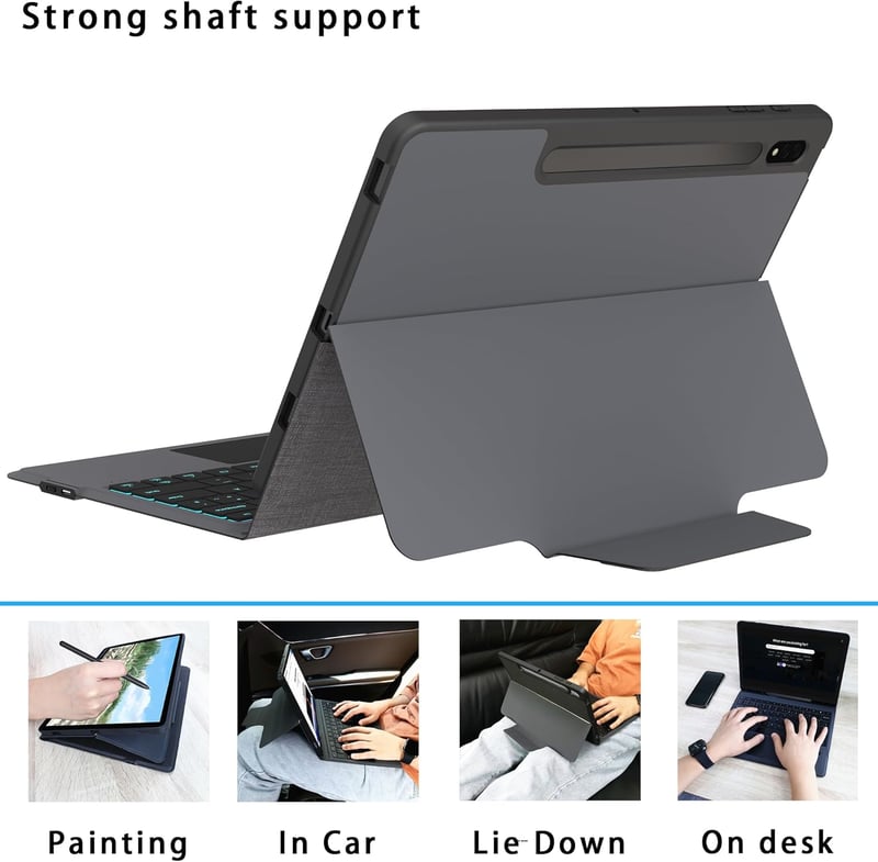 ROOFEI Billentyűzetes Tok Samsung Galaxy Tab S7 FE/S8+/S7+ 12,4" Tablethez - QWERTZ, 7 Színű Háttérvilágítás, Állvány, S Pen Tartó