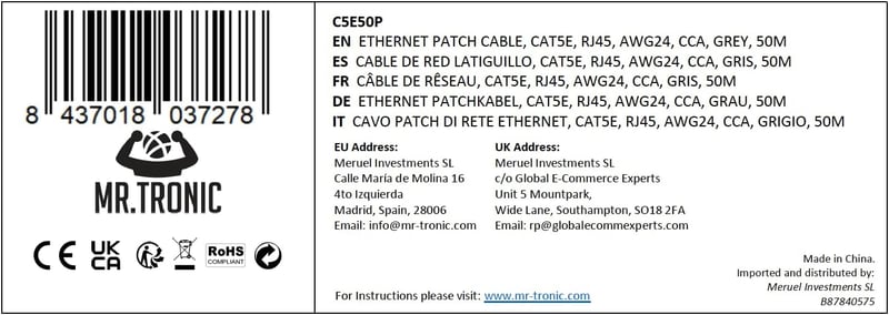 Mr. Tronic 50m-es Cat5E Ethernet kábel, RJ45 csatlakozós LAN hálózati kábel, gyors internethez (szürke)