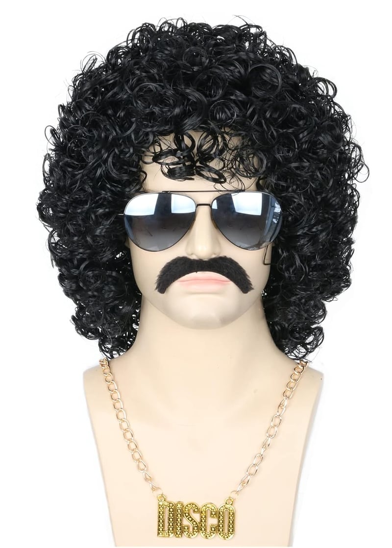 Topcosplay 3 db-os Férfi Paróka Szett - 70-es Évek Diszkó Afro Göndör Haj, Nyaklánccal és Bajusszal - Fekete, Hőálló Műhaj Jelmezekhez