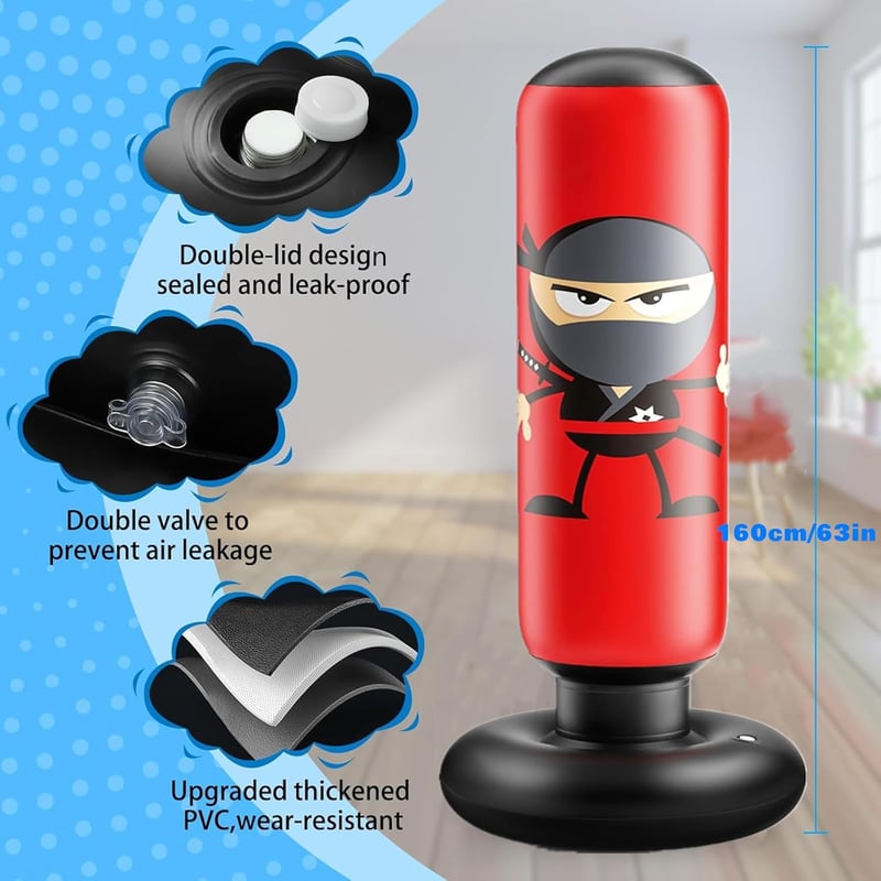EQARD Ninja Felfújható Boxzsák Gyerekeknek Boxkesztyűvel - 160 cm Álló Edzőzsák Karate, Taekwondo, MMA Gyakorláshoz, Piros PVC