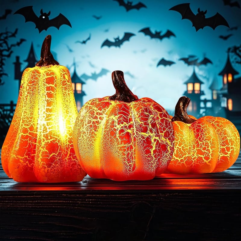 Sunshine smile LED Világító Tök Dekoráció Szett - 3 db Halloween Töklámpás, Őszi Dekoráció, Kézzel Készített Gyanta Töklámpás Narancs Fénnye