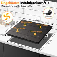 DELITEER Beépíthető Indukciós Főzőlap 4 Zónával - 3500W, 59cm, Dugóval, Biztonsági Zárral, Digitális Kijelzővel, Üvegkerámia Felülettel 2