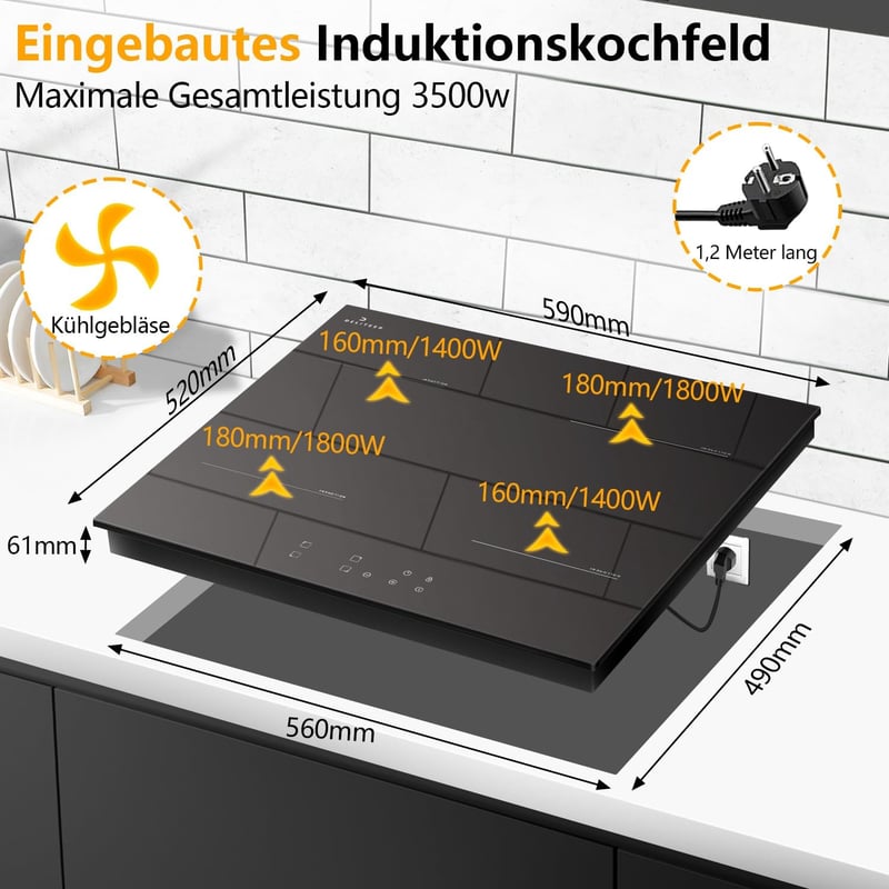 DELITEER Beépíthető Indukciós Főzőlap 4 Zónával - 3500W, 59cm, Dugóval, Biztonsági Zárral, Digitális Kijelzővel, Üvegkerámia Felülettel