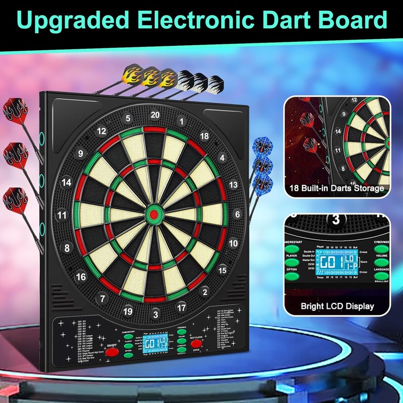Mejasg Elektronikus Darts Tábla LCD Kijelzővel - 34 Játék, 355 Variáció, 12 Nyíllal - Többnyelvű Hangutasítás - 1-8 Játékos Részére - Fali D