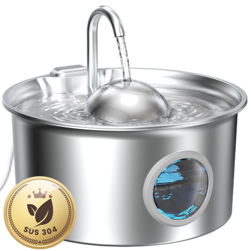 Fântână de băut din oțel inoxidabil Dctrod pentru pisici 2,6 L - Dozator automat de apă pentru câini și pisici cu fereastră de nivel al apei și filtrare cvadruplă