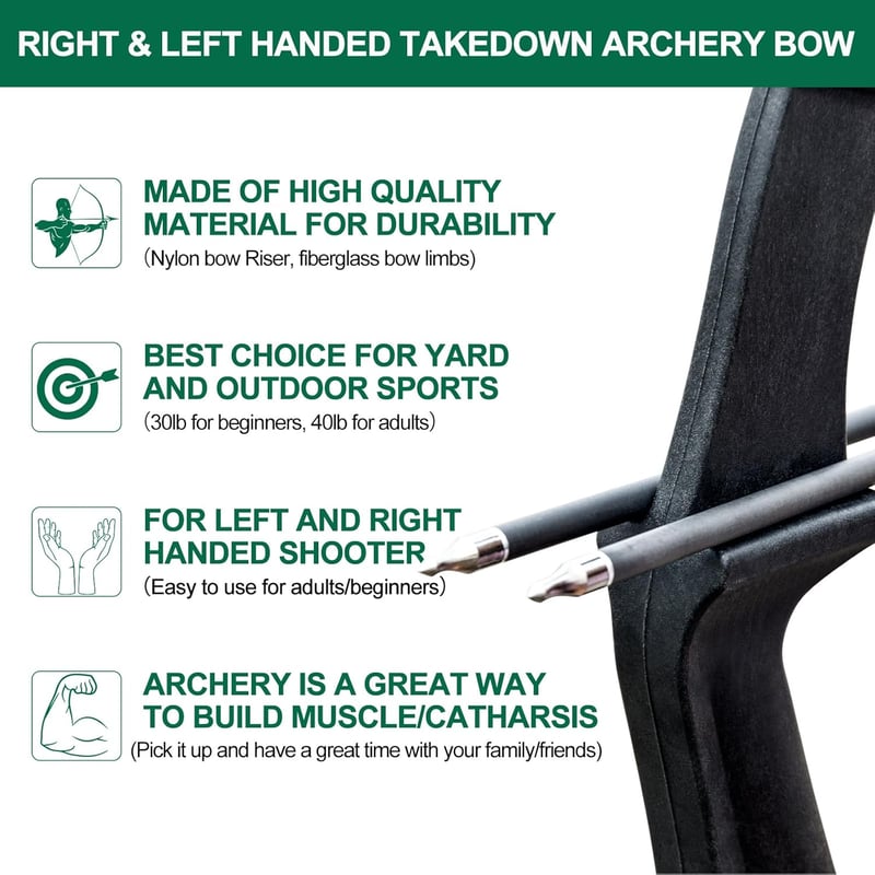 DD&Qarchery Recurve Íj Készlet 30-40 lbs, 8 Nyíllal, Kezdőknek, Bal és Jobbkezes