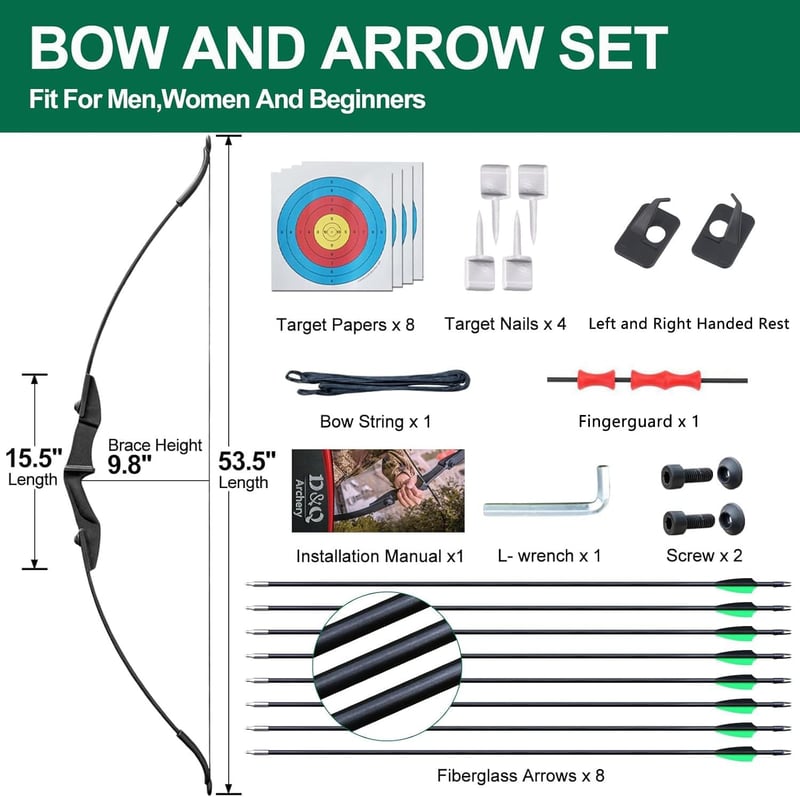 DD&Qarchery Recurve Íj Készlet 30-40 lbs, 8 Nyíllal, Kezdőknek, Bal és Jobbkezes