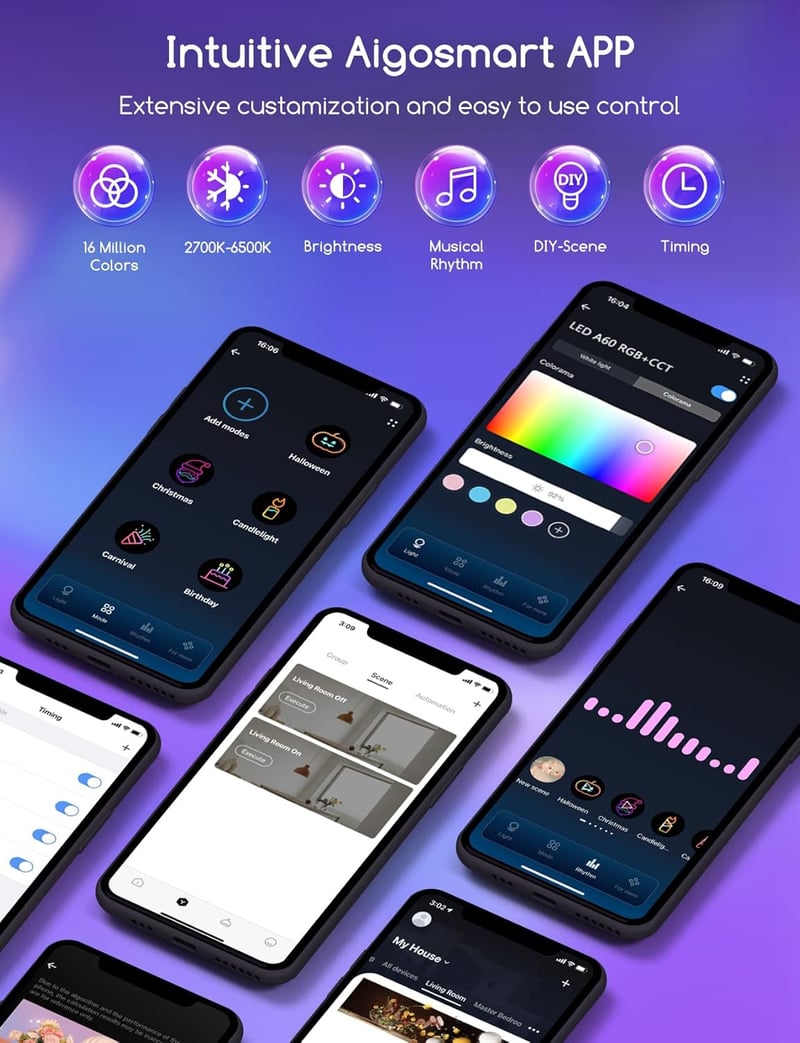 Aigostar Alexa WiFi okosizzó E27 15W RGB, Alexa/Google Home kompatibilis, 4 db