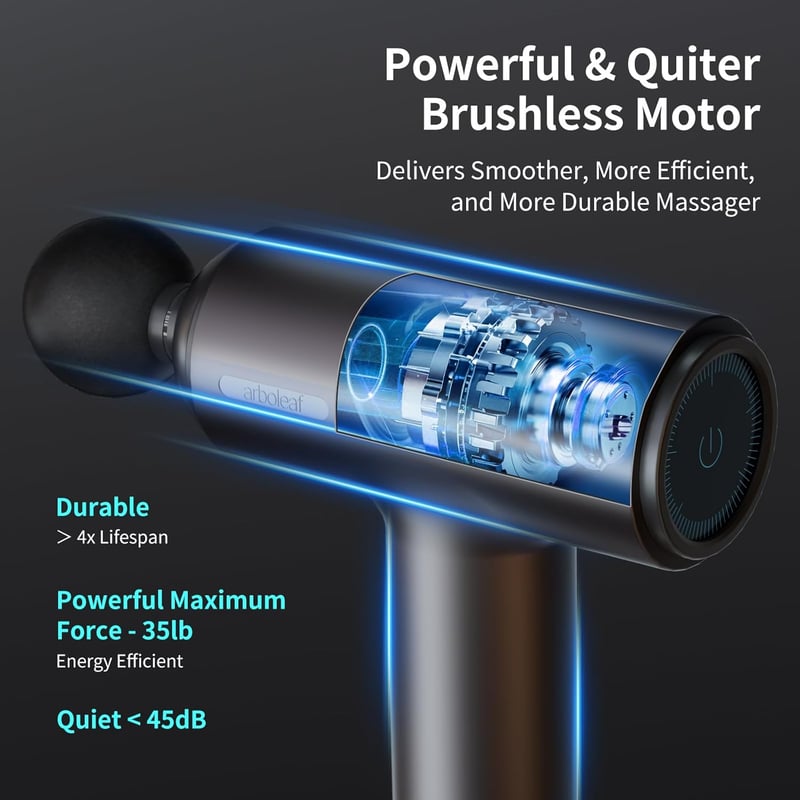 arboleaf Mély Izom Masszázspisztoly 10mm Amplitúdóval - 60W Erős Motor, LED Érintőképernyő, 6 Sebességfokozat, 7 Masszázsfej, USB-C Gyorstöl