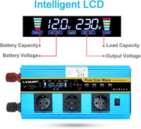 Tiszta szinuszos 3000W/6000W inverter, 12V-230V, 3 EU aljzat, 4 USB, LCD 2