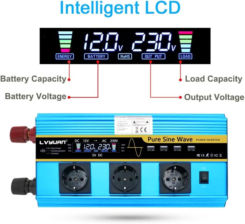 Tiszta szinuszos 3000W/6000W inverter, 12V-230V, 3 EU aljzat, 4 USB, LCD