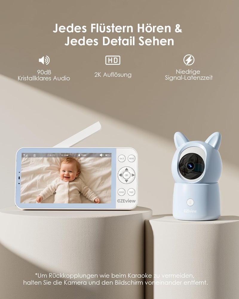 CZEview BM6 Bébiőr 2 Kamerával, 2K Felbontás és 4X Zoom, 5,5 Colos HD Kijelző, Mobilalkalmazással, Kék