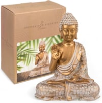 MIJOMA Arany-Fehér Vintage Buddha Szobor 21 cm Méretben Polirezinből, Mécses Tartóval - Spirituális Lakásdekoráció, Elegáns Ajándék 1