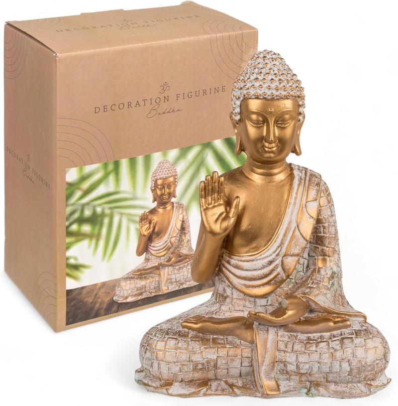 MIJOMA Arany-Fehér Vintage Buddha Szobor 21 cm Méretben Polirezinből, Mécses Tartóval - Spirituális Lakásdekoráció, Elegáns Ajándék