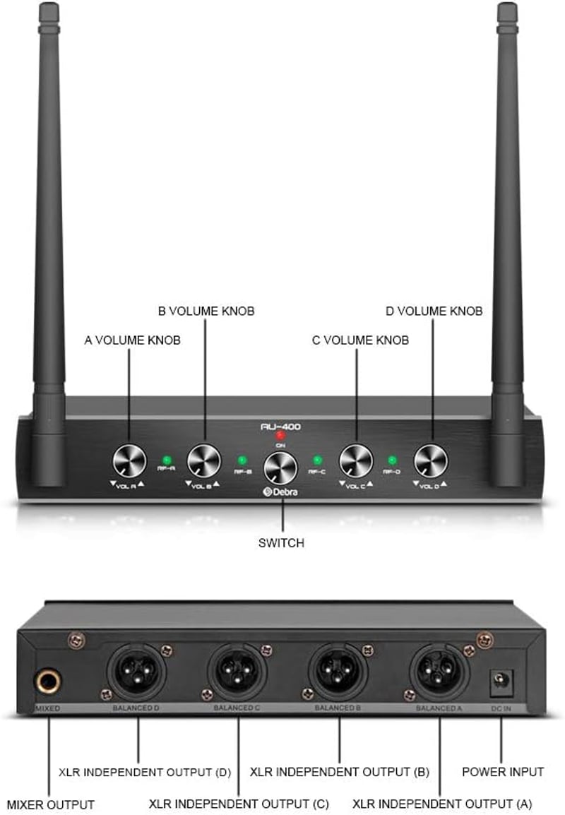 D Debra UHF 4 Csatornás Vezeték Nélküli Mikrofon Rendszer 2 Kézi és 2 Testmikrofonnal Karaoke Templom Buli Rendezvény