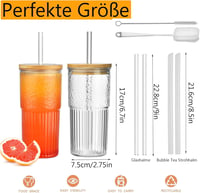 Vitever 2db-os Bubble Tea pohár szett 600ml, csíkos üveg fedéllel 2